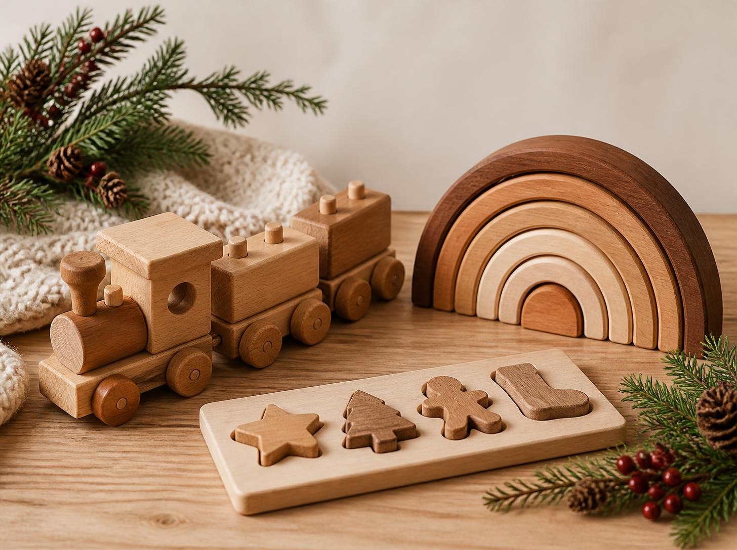 Wooden toys for Christmas, including a wooden train, rainbow stacker and puzzle